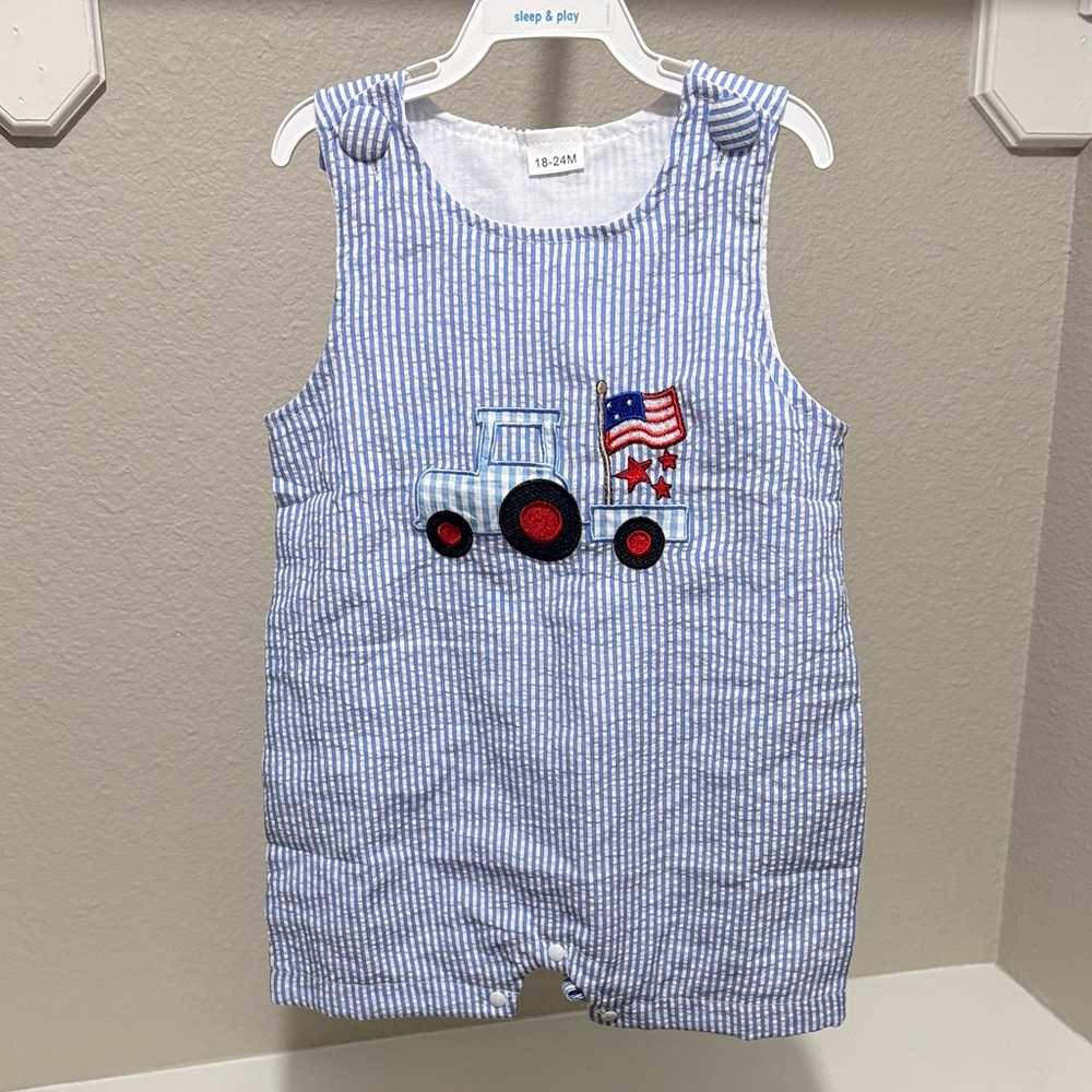 Boutique Patriotic “Truckin’ Flag” Appliqué Romper